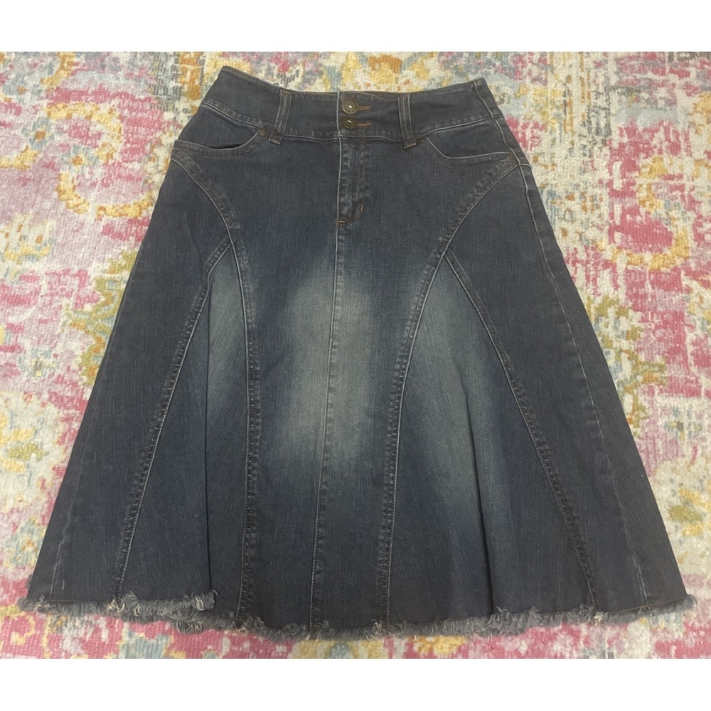 Denim Skirt Knee Length Paneled Fit & Flare Size 10 Raw Hem Motto Boho Y2K